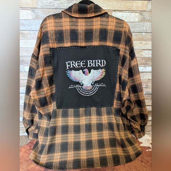 Hand Crafted Tops - Free Bird Lynyrd Skynyrd Graphic Upcycled Flannel Shirt